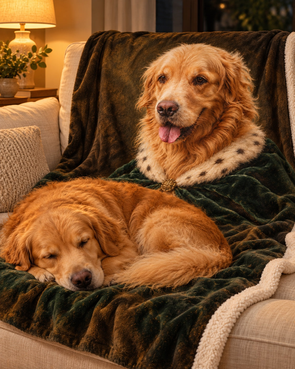 Golden retriever asleep on a blanket printed with its own portrait