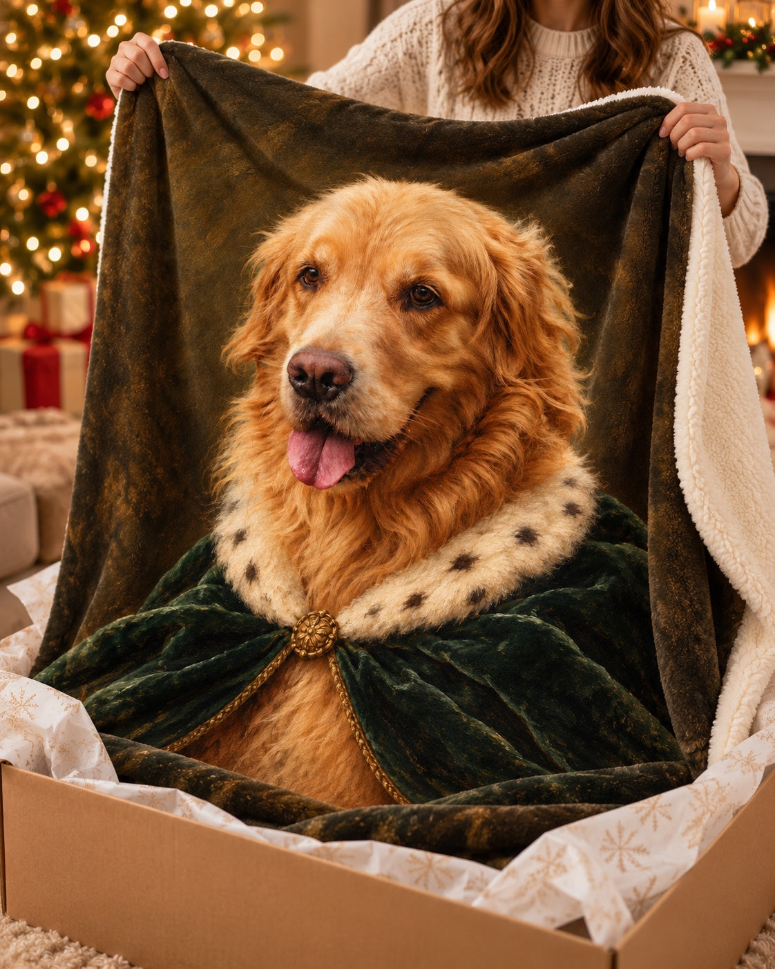 Custom pet portrait blanket unwrapped from a gift box