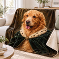 Custom pet portrait blanket with a royal-style dog portrait on a sofa