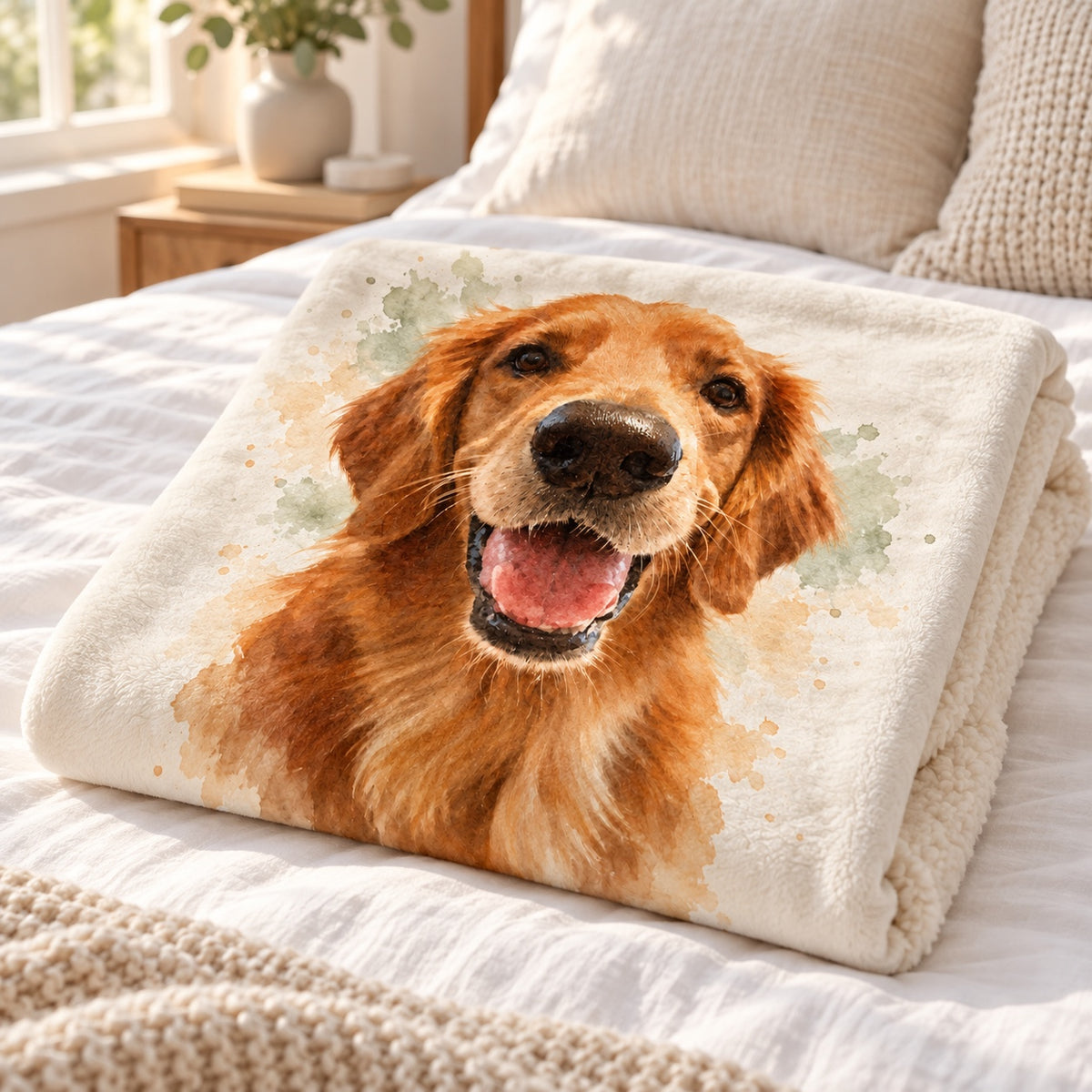 Watercolor pet portrait blanket folded on a bed